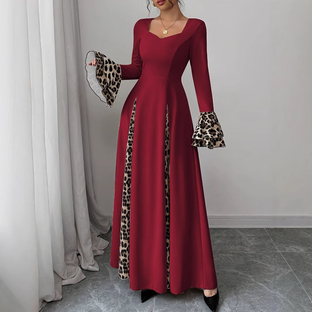 Burgundy Leopard Print Long Dress with Bell Sleeves