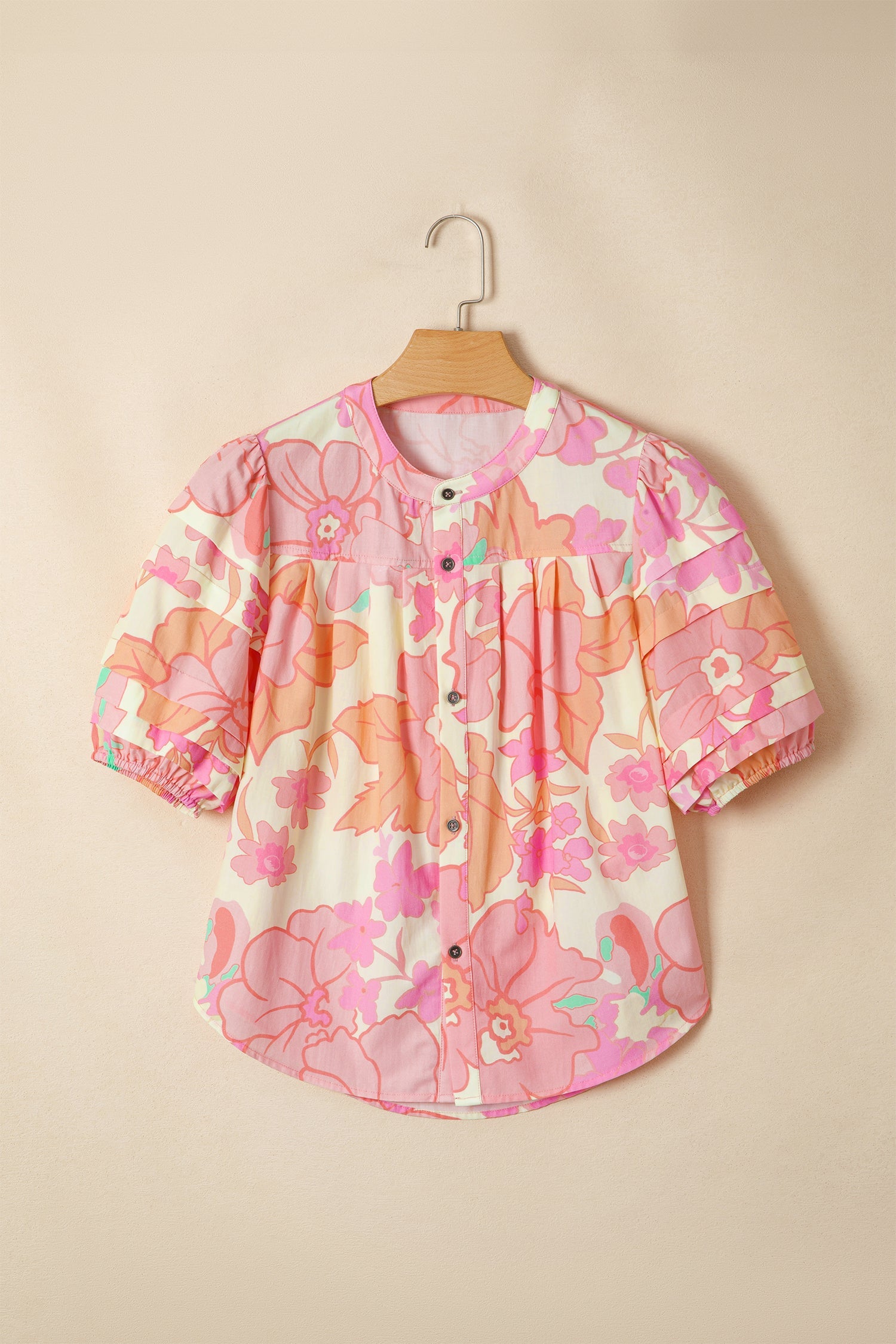 Floral Pintuck Short Sleeve Cotton Blouse in Pink Cream Peach