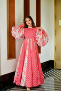 Women's pink floor length Anarkali dress with floral digital print in cotton silk fabric