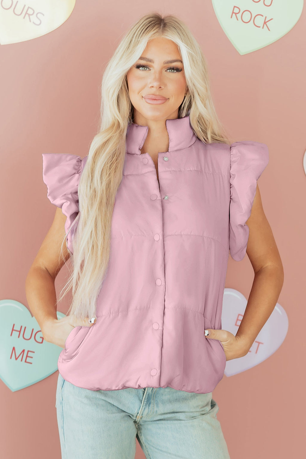 Women's Pink Solid Flutter Sleeve Puffer Vest with Snap Buttons