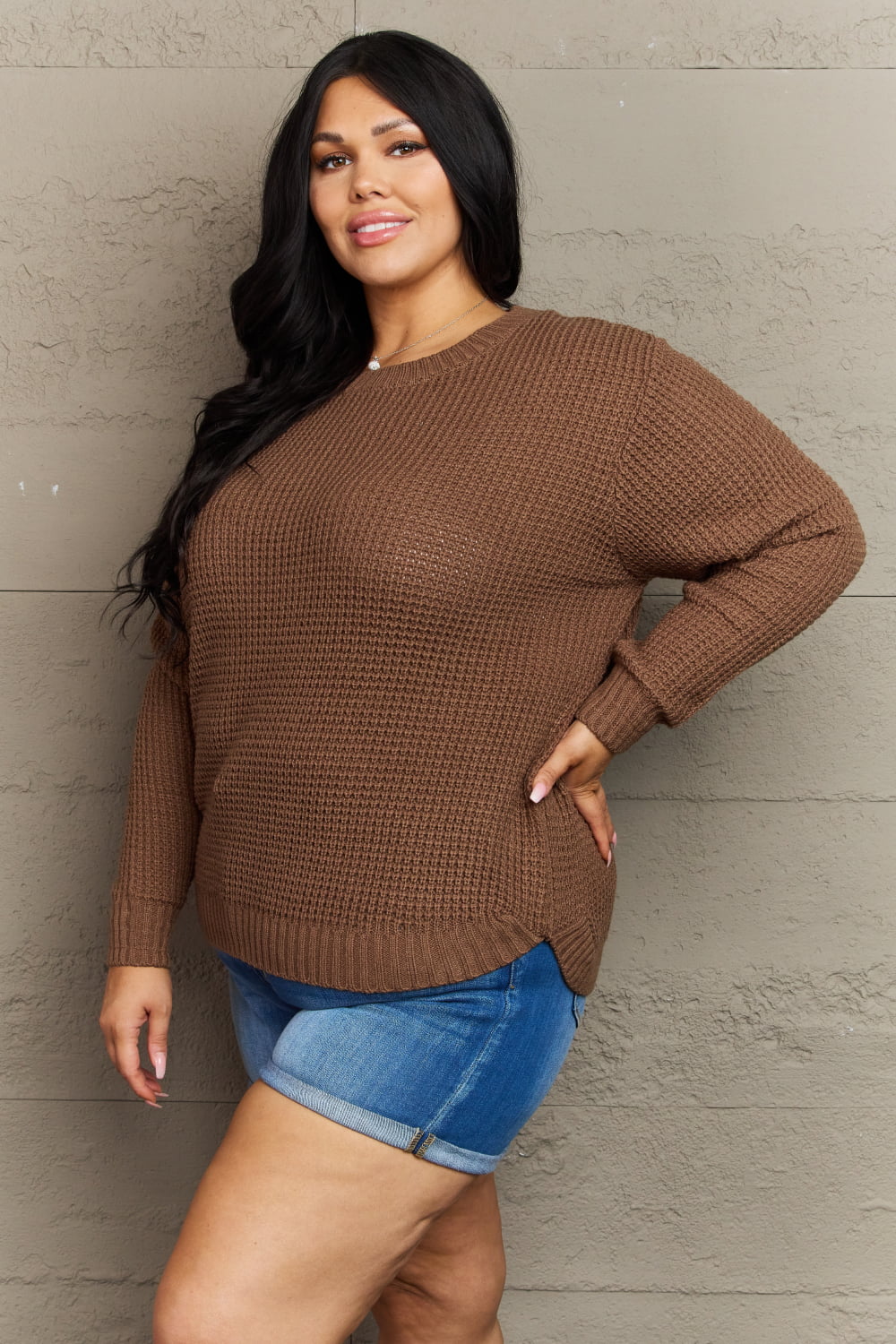 Zenana Brown Waffle Knit Sweater | Oversized High-Low