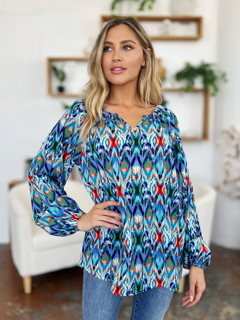 Printed Balloon Sleeve Blouse | Geometric V-Neck Chiffon Top