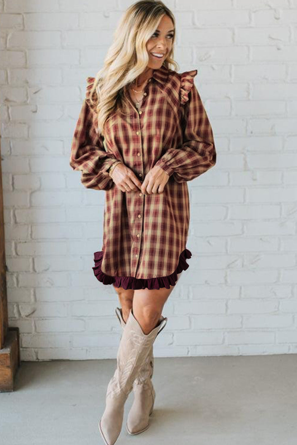 Red Plaid Ruffled Long Sleeve Mini Shirt Dress | Patchwork Hem