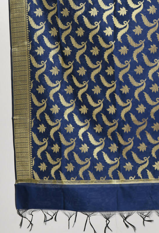 Navy Blue Banarasi Silk Dupatta with Floral Woven Design