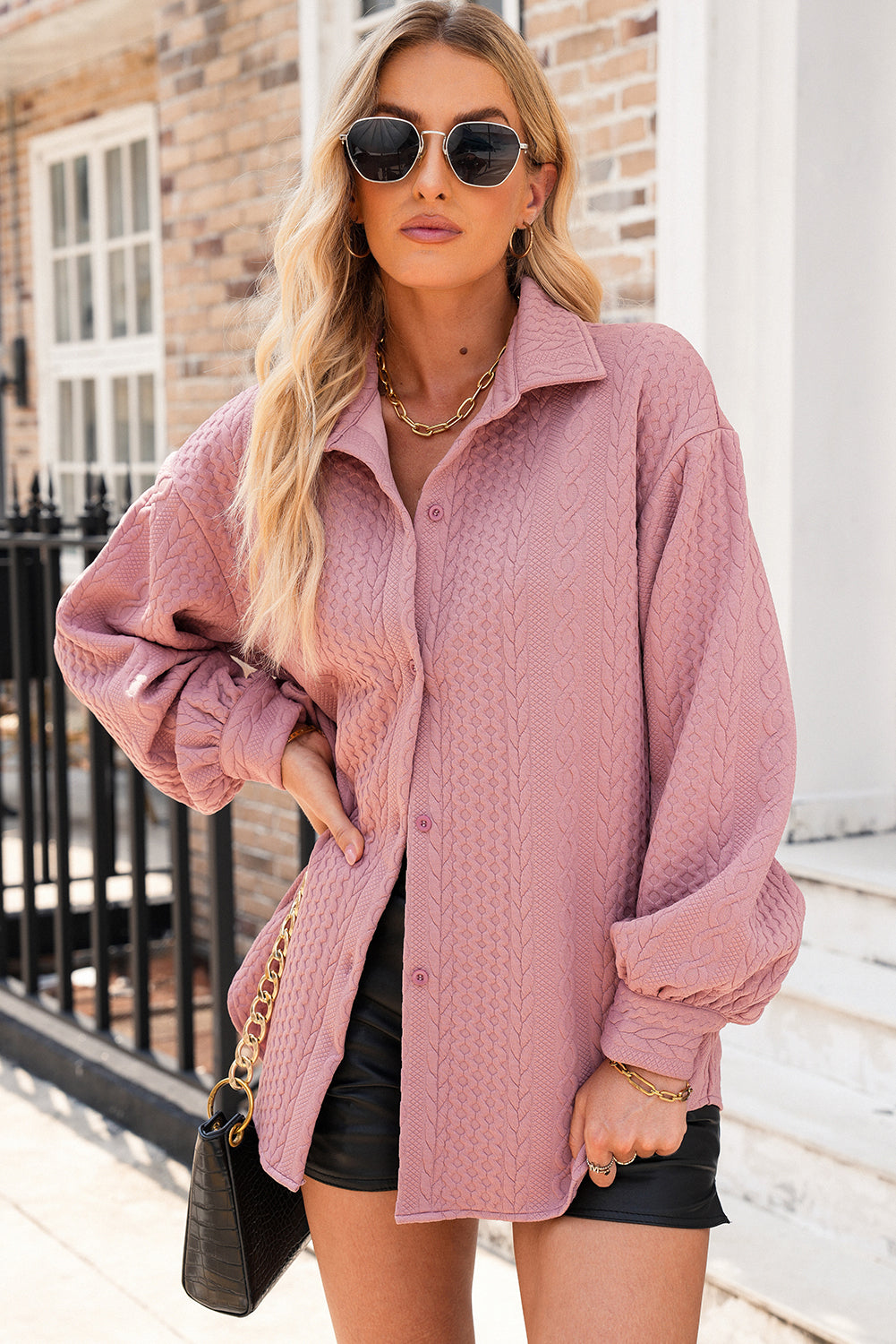 Sepia Rose Cable Texture Puff Sleeve Shacket | Loose Fit