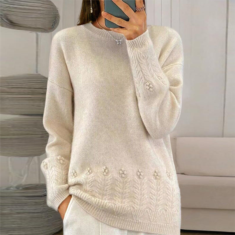 Women's Solid Color Crew Neck Sweater with 3D Floral Embroidery - Image 6