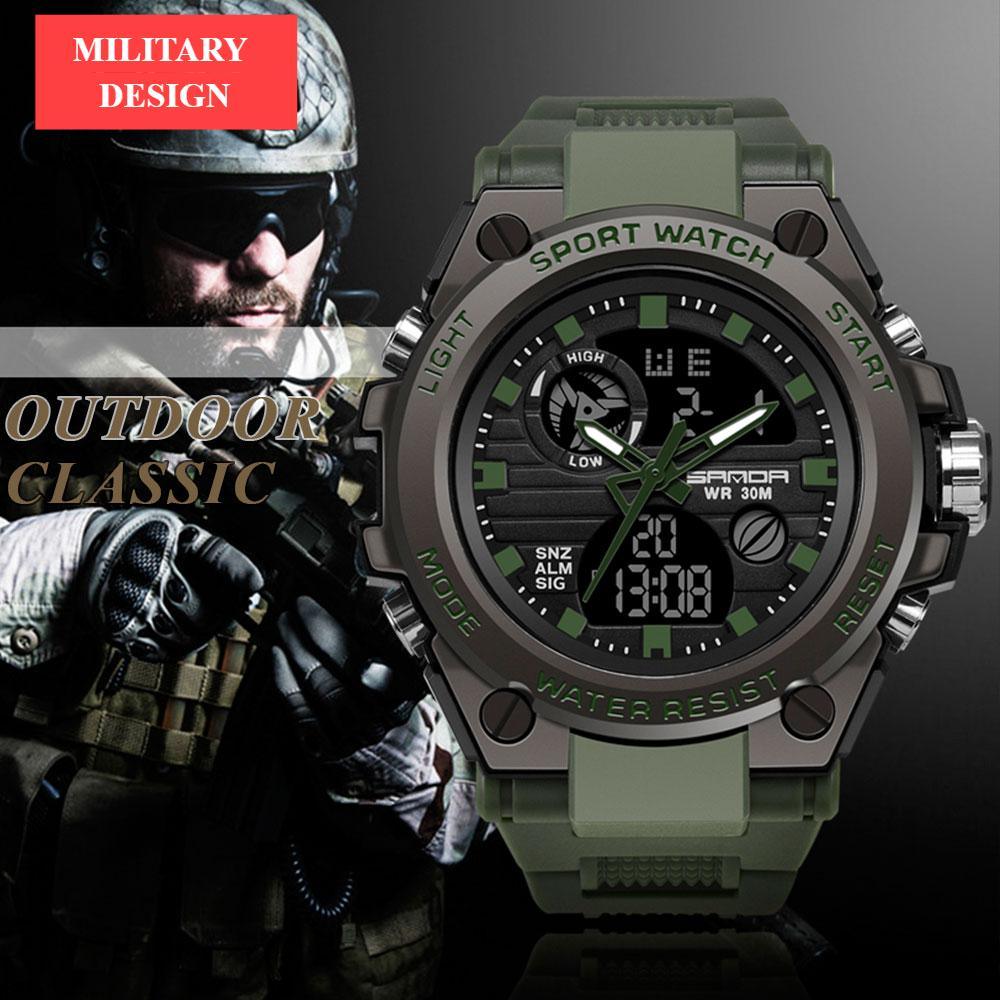 Dual display digital and analog sports watch in gunmetal grey