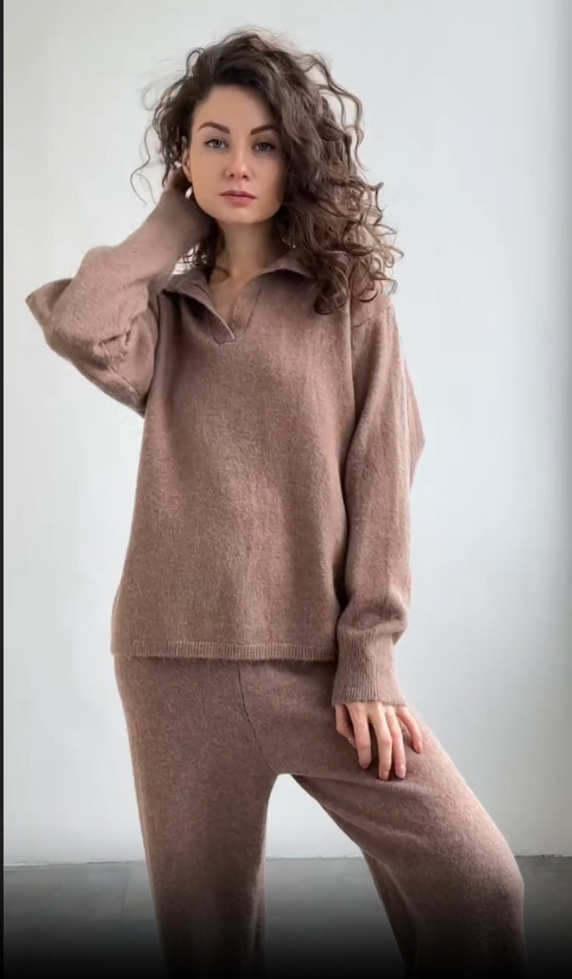 Women's Solid Color Lapel Sweater Two-Piece Co-ord Set - Image 7