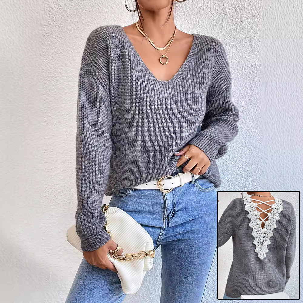 Women's Backless V-Neck Knit Sweater - Streetwear Pullover