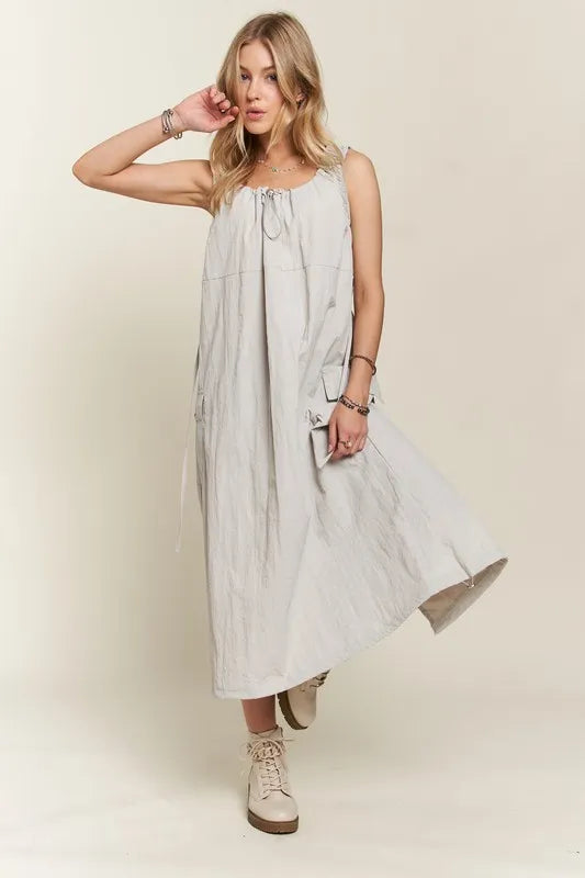 Summer Drawstring Slit Back Cargo Dress in Light Grey & Beige