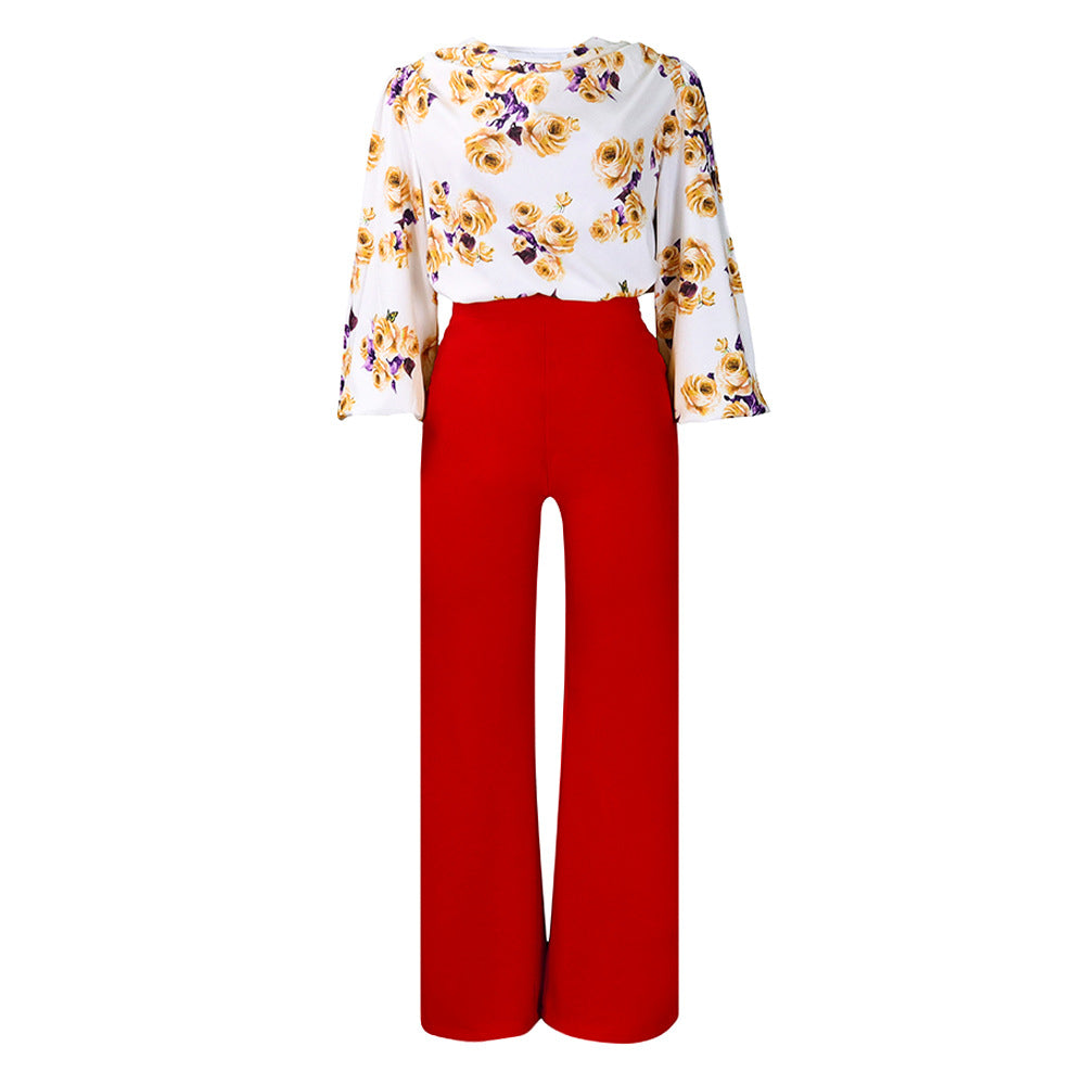 Printed Floral Blouse and Wide-Leg Pants Set