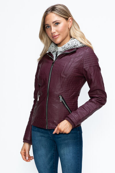 Dual-Zipper Layered Jacket with Fuzzy Hood in Burgundy and Grey