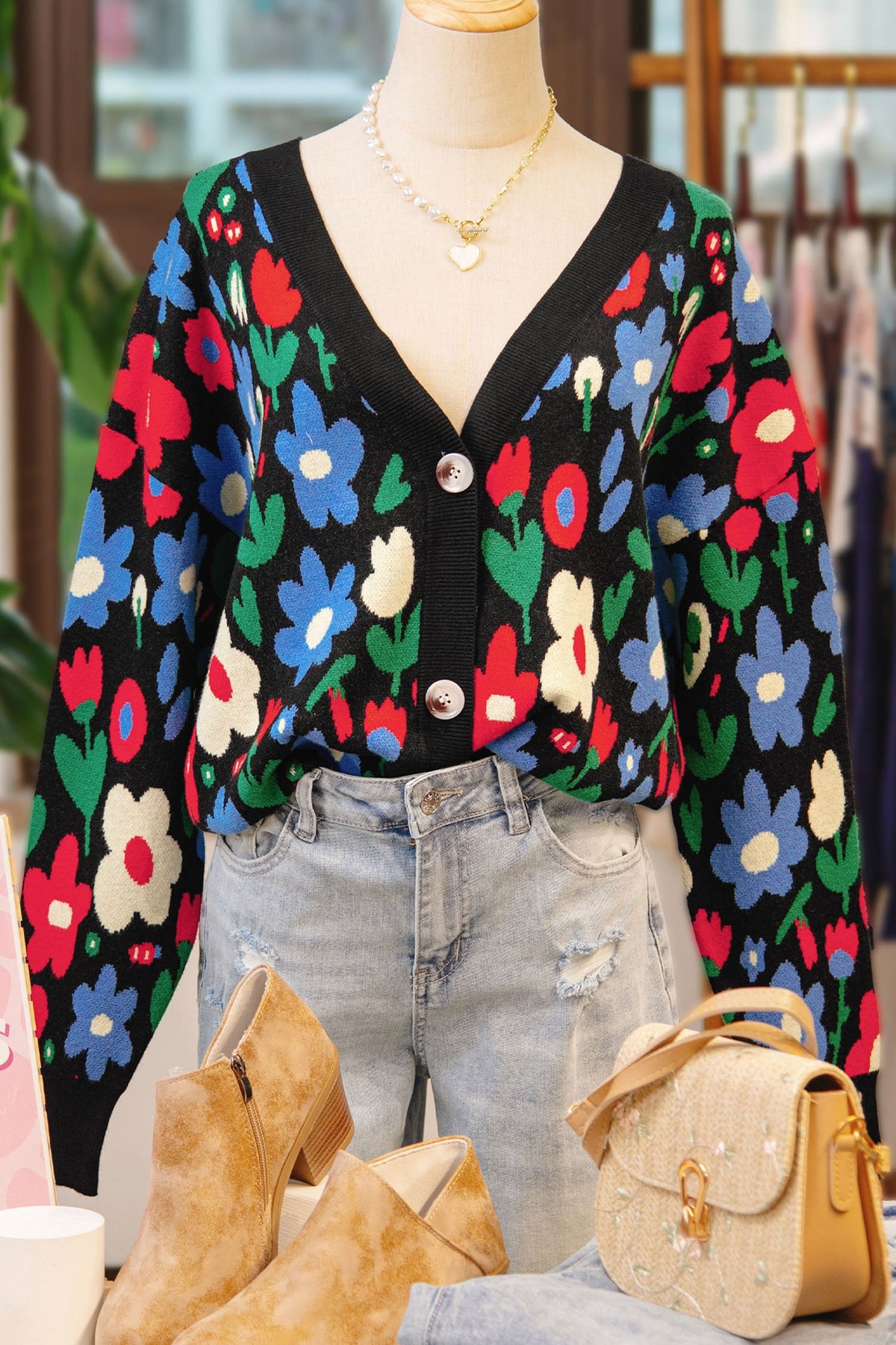 Floral Buttoned V-Neck Cardigan Sweater