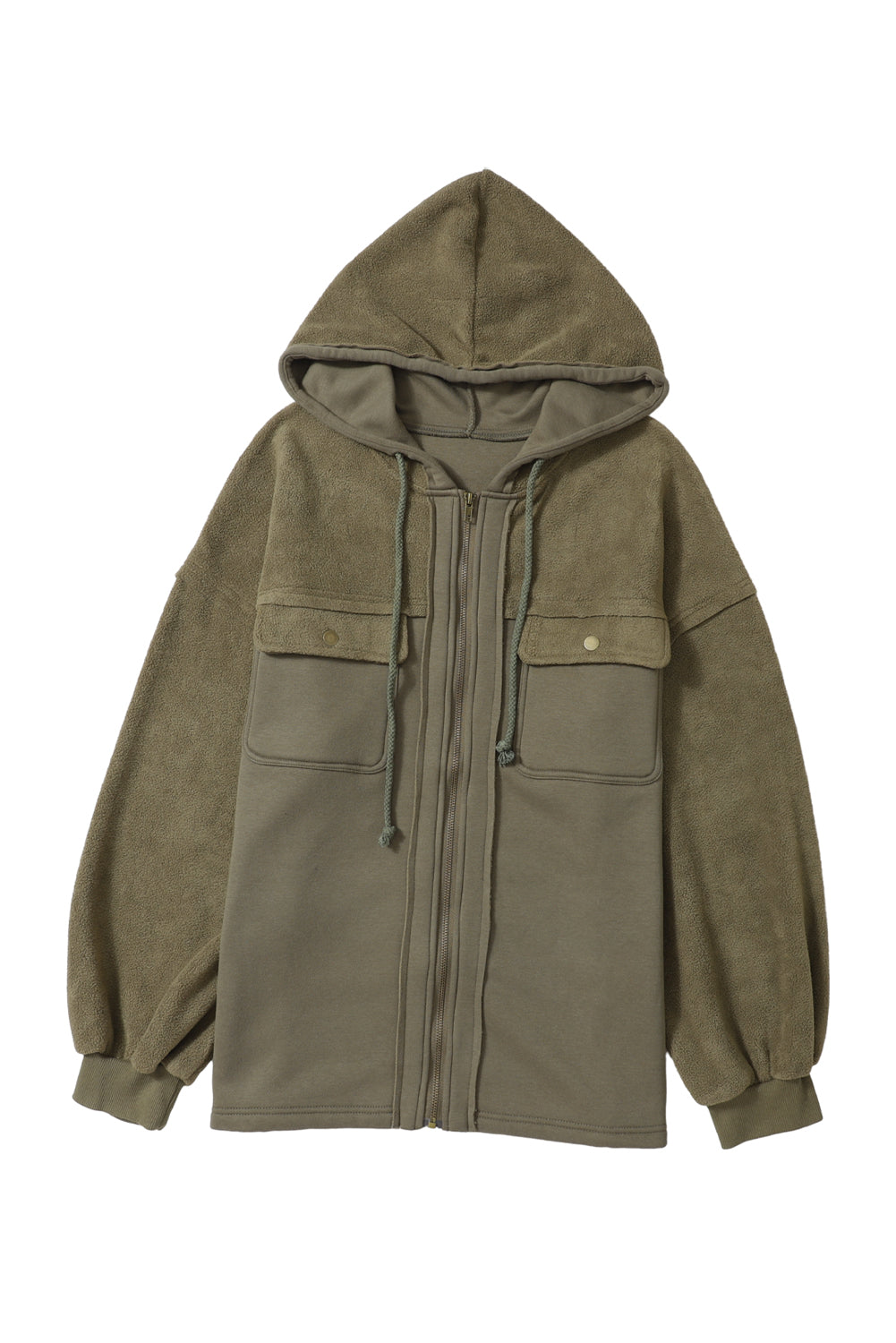 Green Bishop Sleeve Zip Up Hoodie Jacket with Flap Pockets