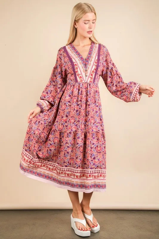 Floral Boho V-Neck Balloon Sleeve Summer Mini Dress