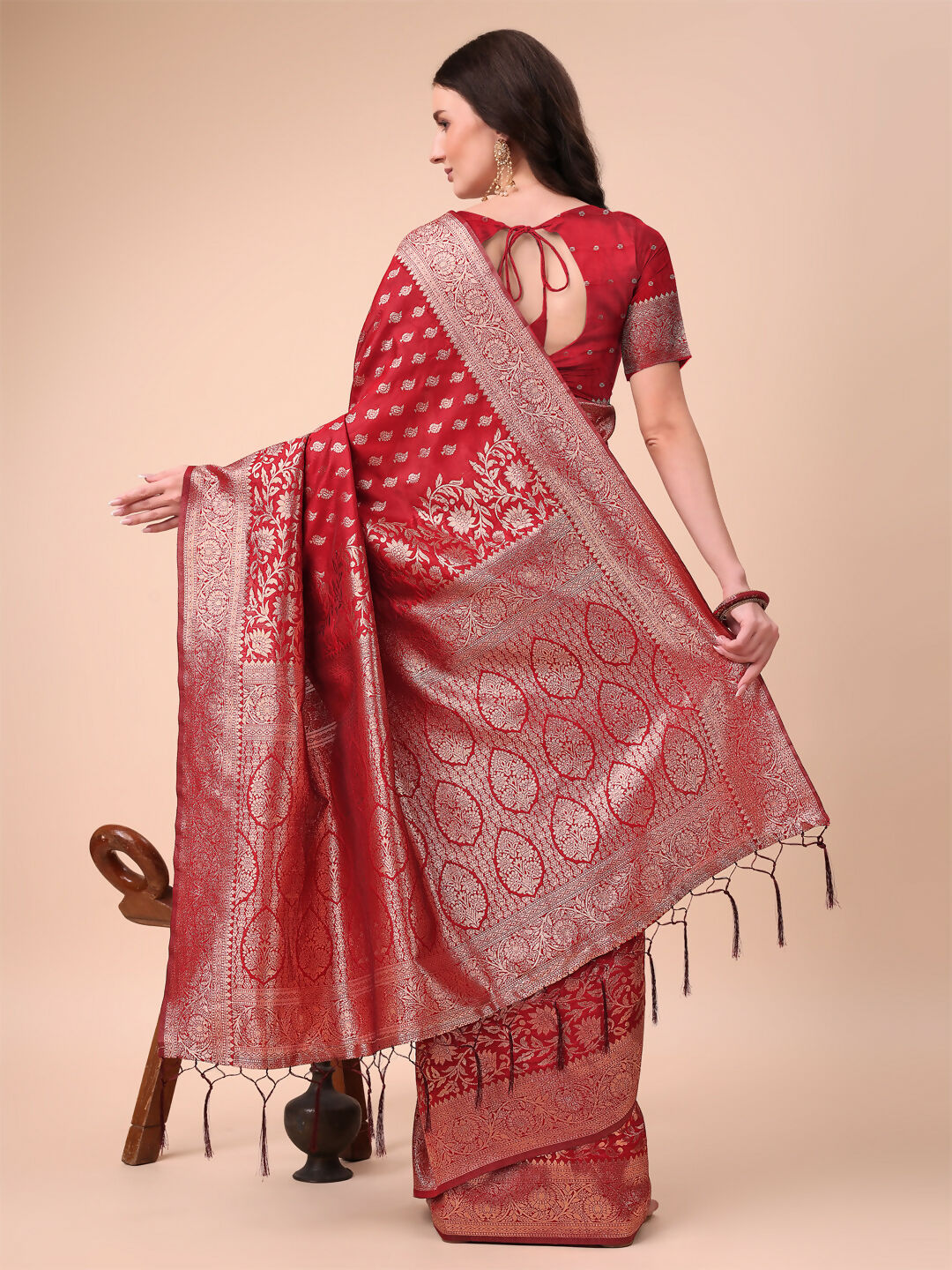 Red Lichi Silk Saree with Matching Blouse Piece