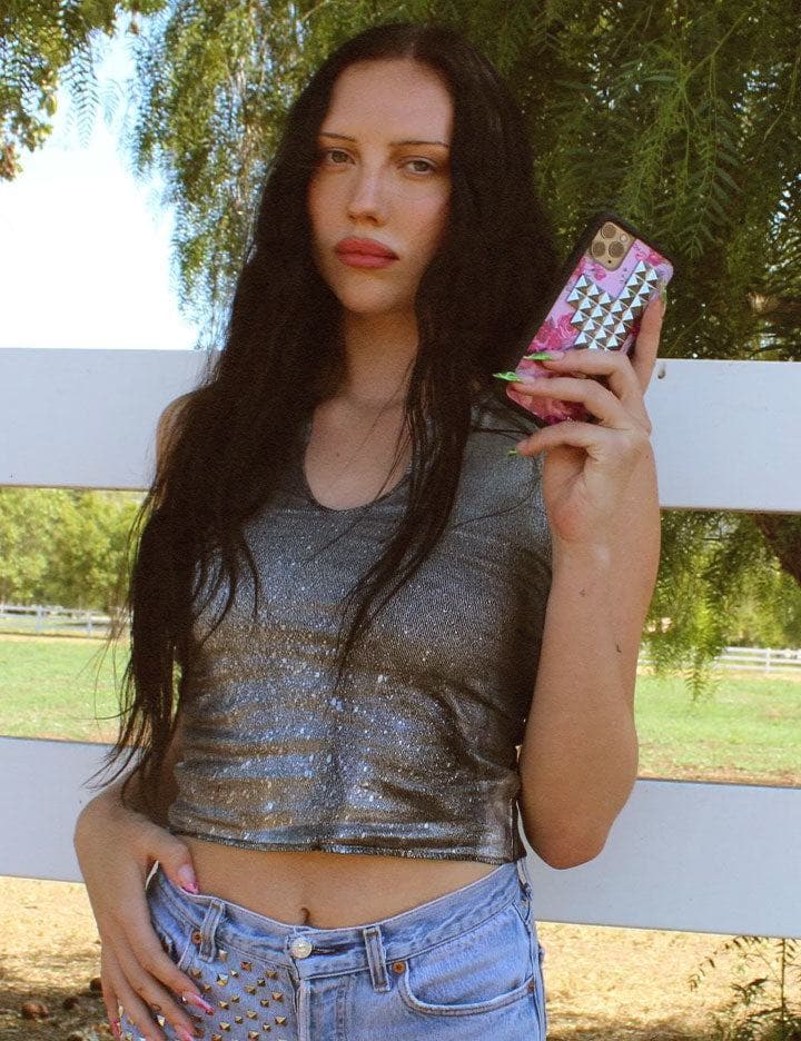 Pink Floral Stud Phone Case with Silver Embellishments - Image 6