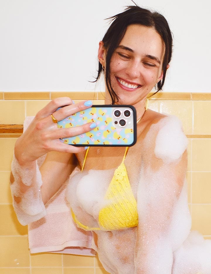 What the Duck iPhone Case in Blue and Pink Bubble Bath Design