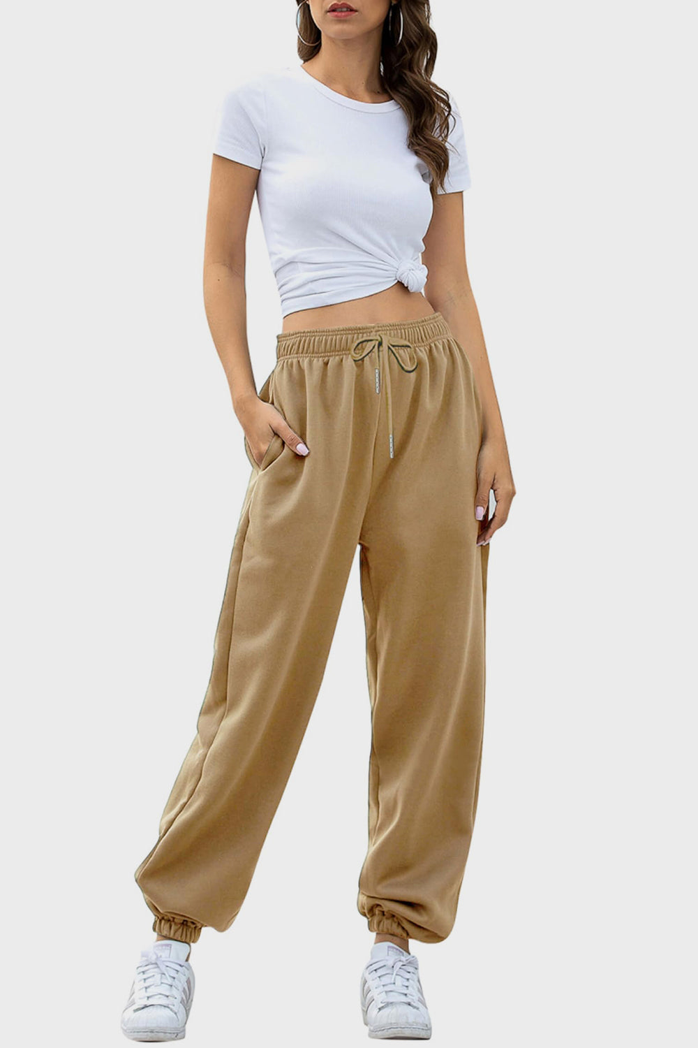 Women's Black Elastic Waist Jogger Pants with Side Pockets - Image 21