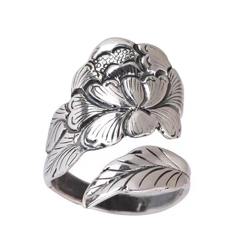Vintage Thai Silver Tone Alloy Open Ring For Women, Enamel Peony Lotus Flower Ethnic Style Adjustable Finger Jewelry