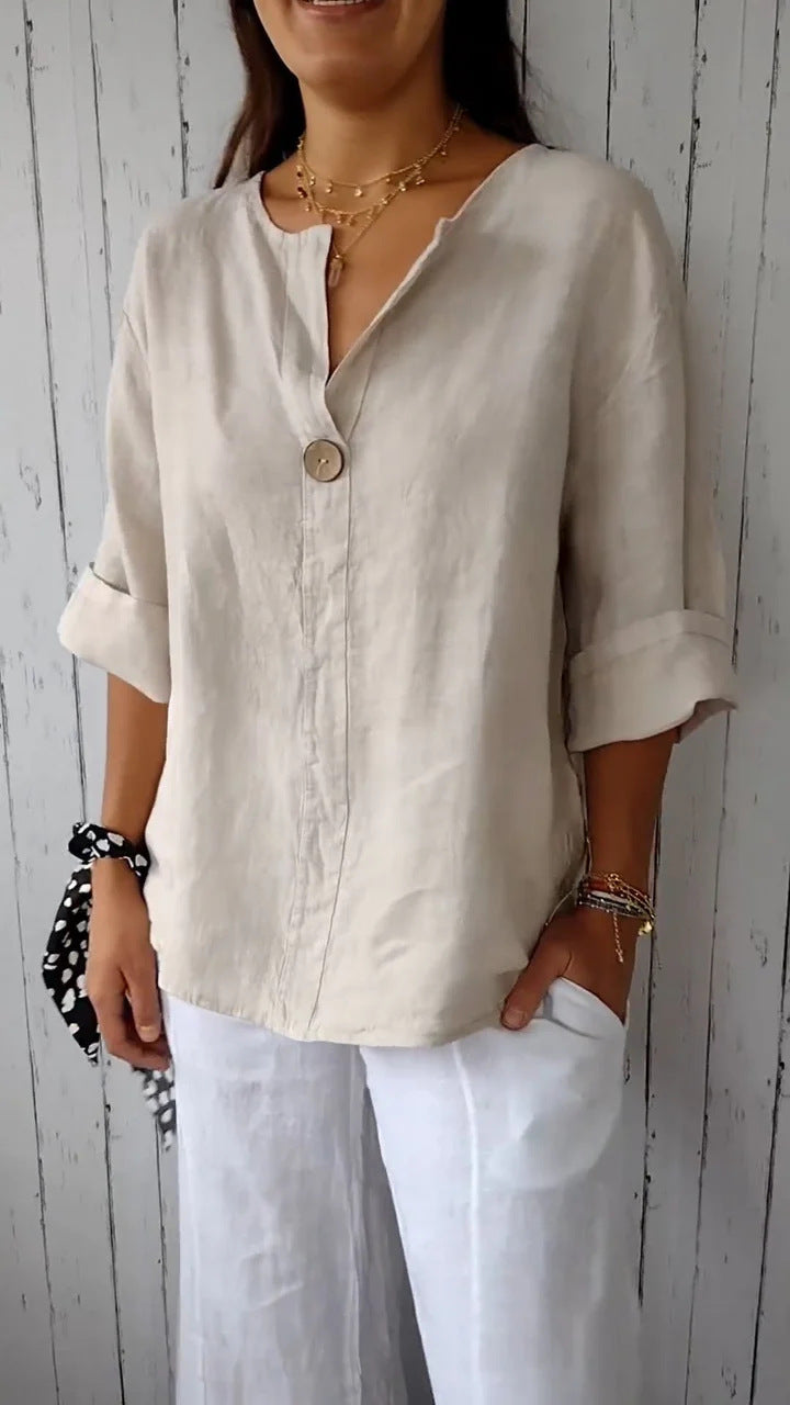 Women's V-Neck Long-Sleeve Linen Button Top – Loose Casual Blouse