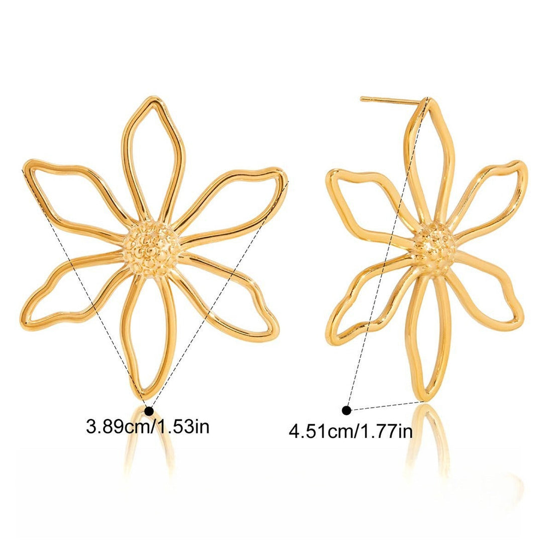 A pair of minimalist 18K gold wire flower stud earrings on a clean background.