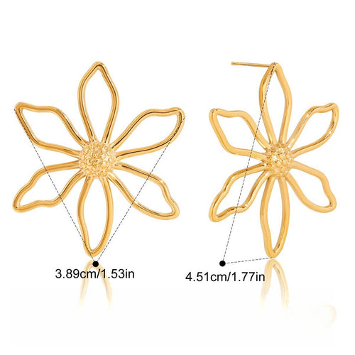 A pair of minimalist 18K gold wire flower stud earrings on a clean background.
