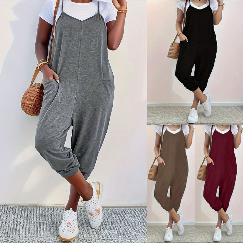 Women's Loose Casual Jumpsuit with Pockets and Sling Straps