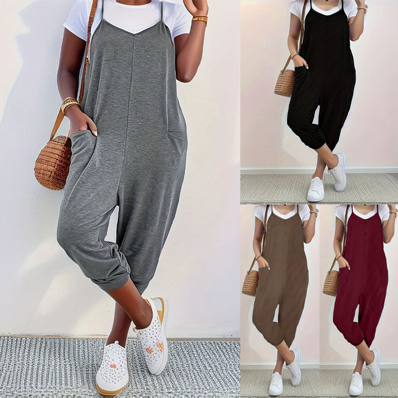 Women's Loose Casual Jumpsuit with Pockets and Sling Straps