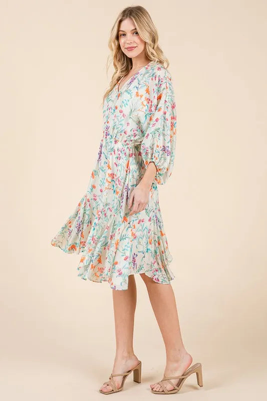 Lime 'N' Chili Floral Cinched Waist Balloon Sleeve V-Neck Dress
