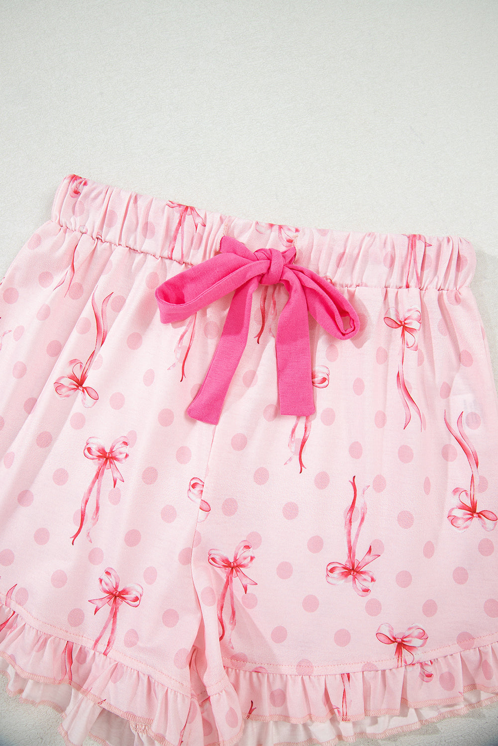 Pink Bow Print Contrast Piping Short Pajamas Set