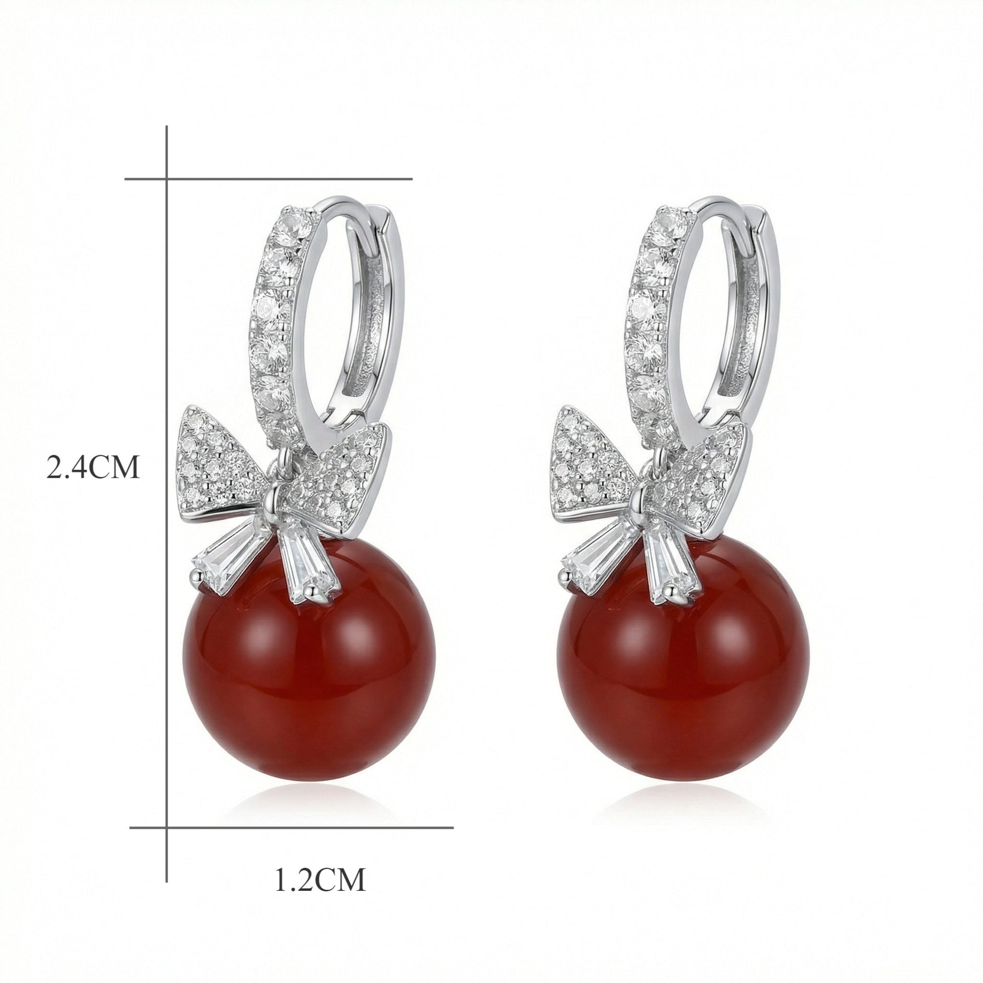 Red Agate and Crystal Bowknot Drop Hoop Earrings in Sterling Silver