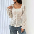 White Square Neck Eyelet Lace Blouse with Puff Sleeves - Image 6