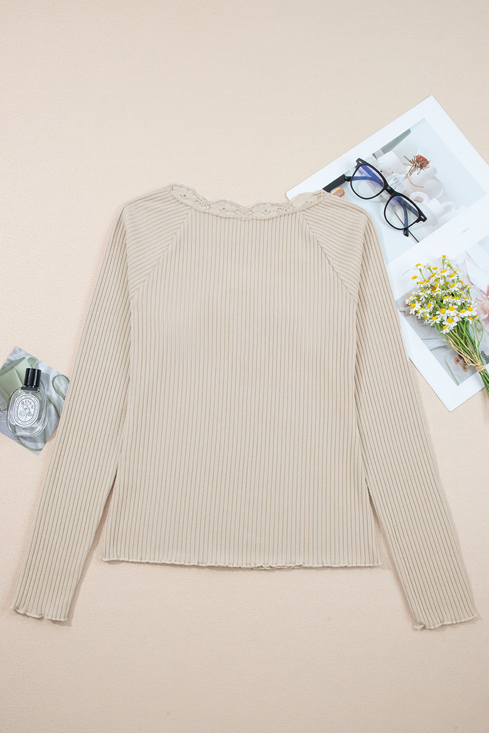 Solid Ribbed Lace Neckline Long Sleeve Top