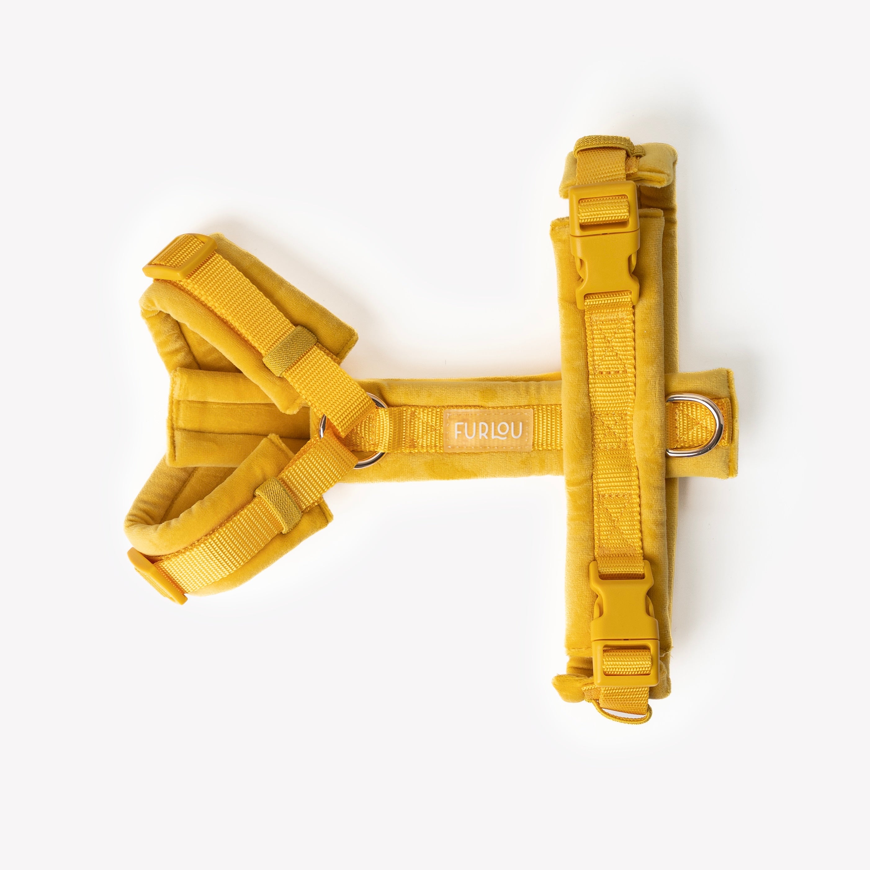 Yellow Velvet Dog Harness with Adjustable Gold Hardware - Image 2