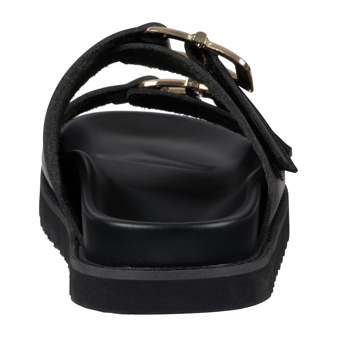 Women's Juno Black Slide Footbed Sandals with Buckle Details