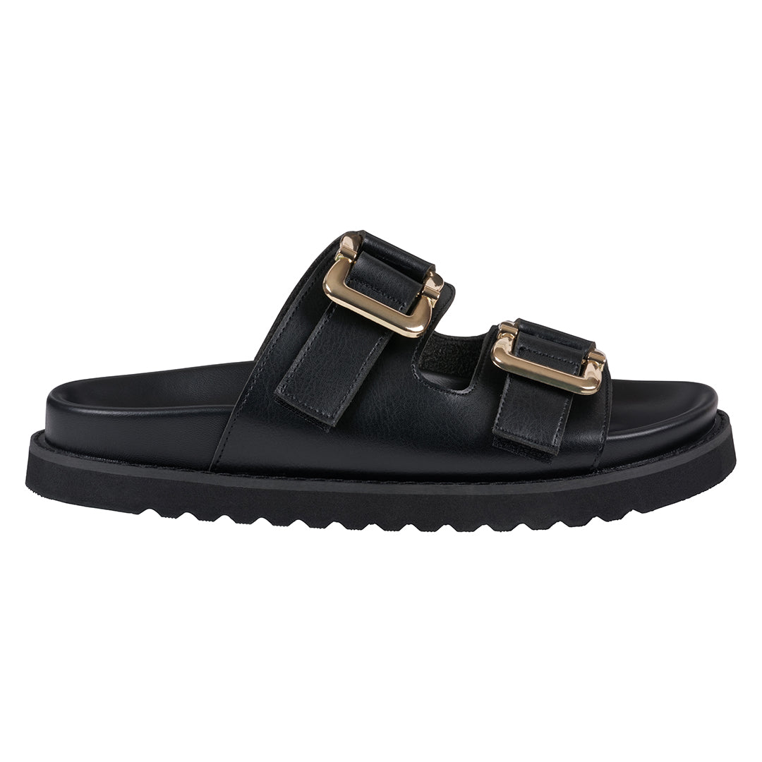 Women's Juno Black Slide Footbed Sandals with Buckle Details