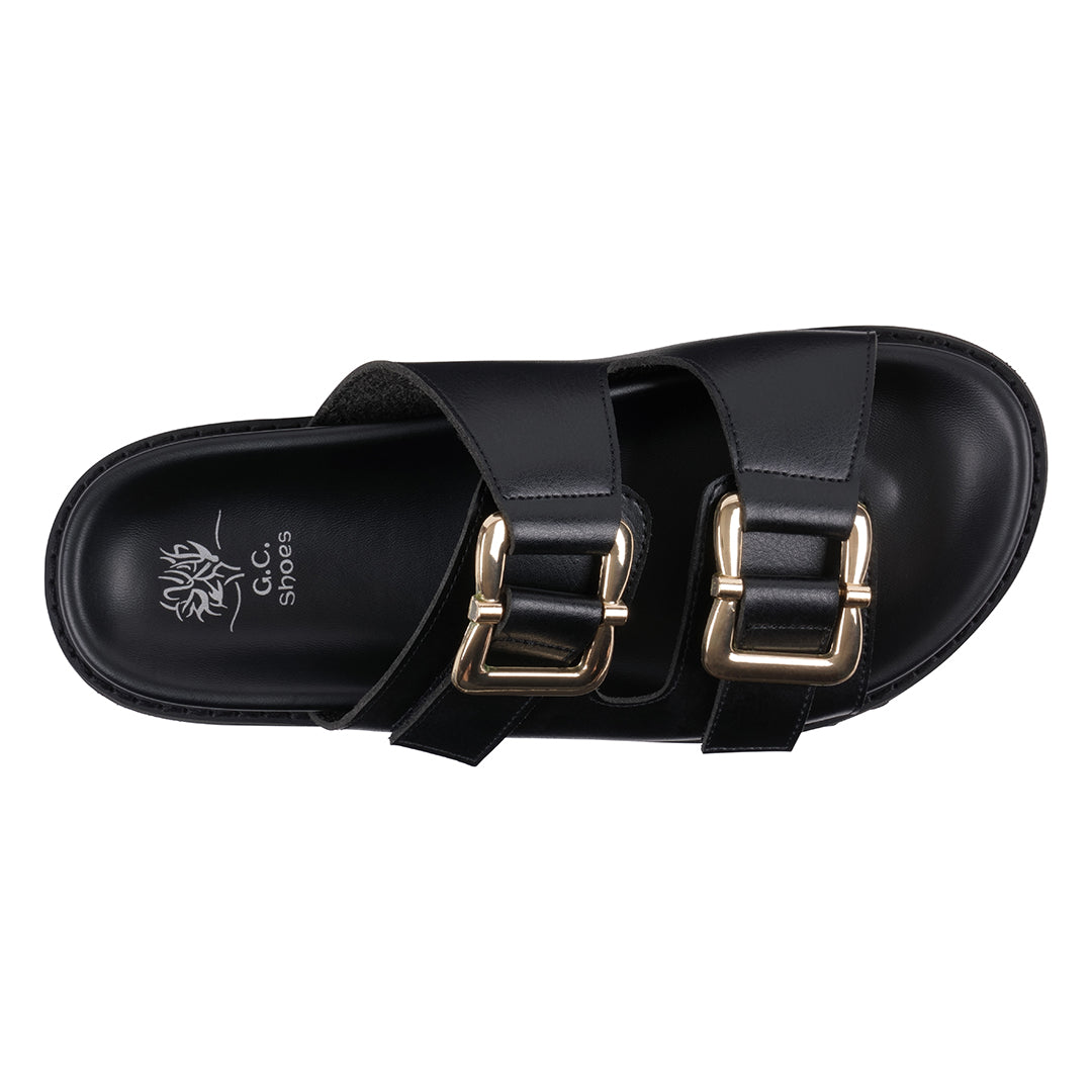 Women's Juno Black Slide Footbed Sandals with Buckle Details