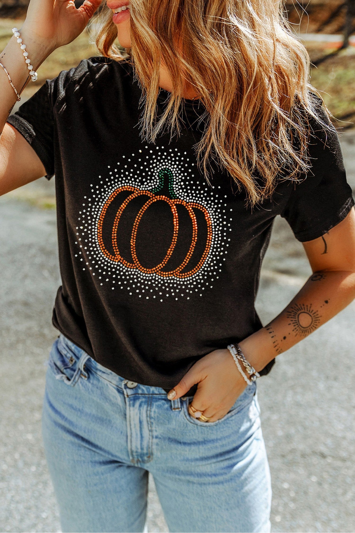 Black Rhinestone Pumpkin Graphic Casual Short Sleeve Tee