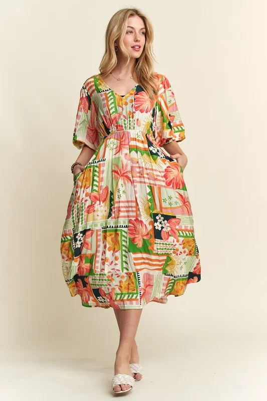 Floral V-Neck Puff Sleeve Midi Dress - Cream, Orange, Green, Pink