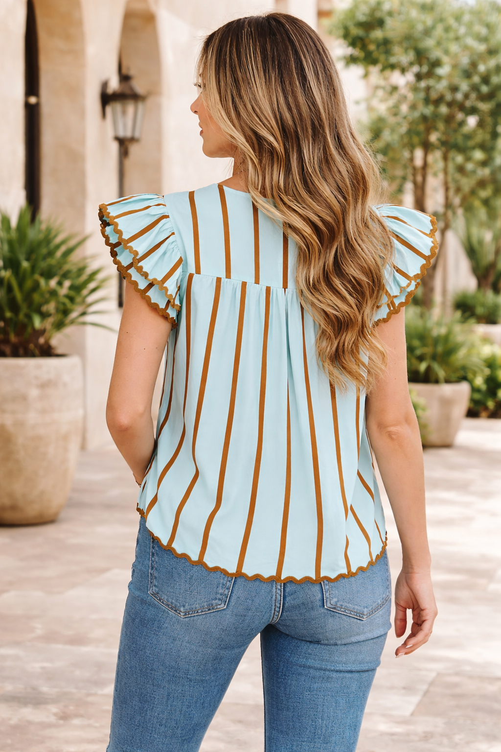 Malaysia Ruffled Short Sleeve Blouse in Light-Blue and Brown