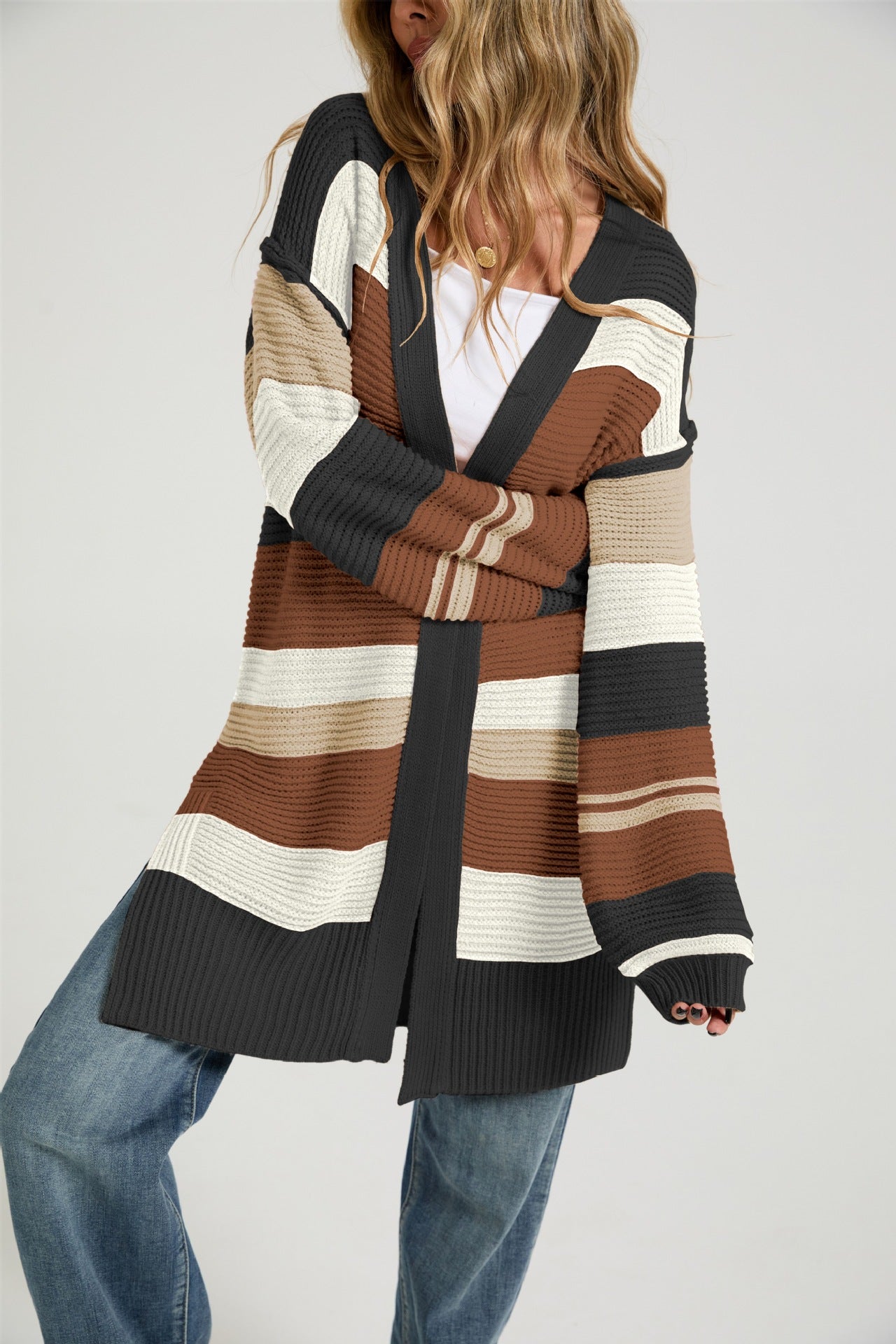 Women's Color-Block Striped Knit Cardigan Coat