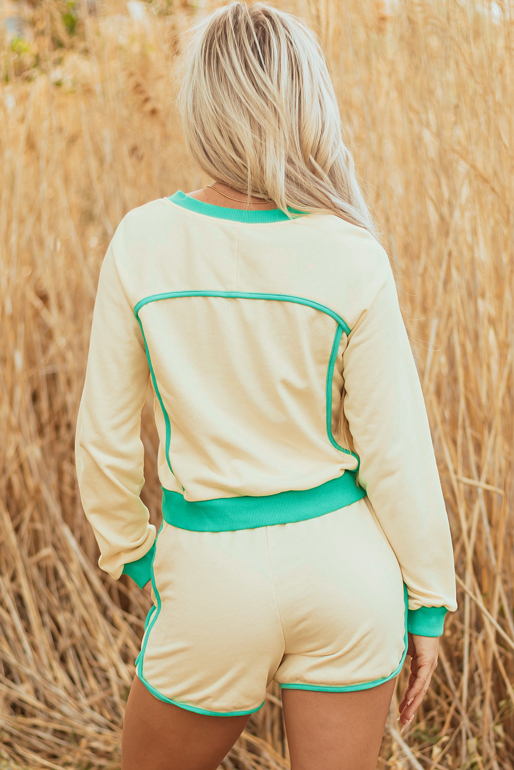Yellow Long Sleeve Pullover and Drawstring Shorts Lounge Set
