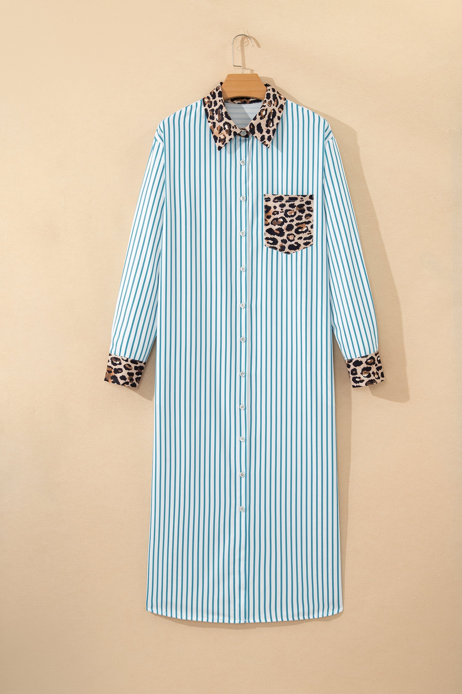 Leopard Patchwork Stripe Shirt Dress with Slits