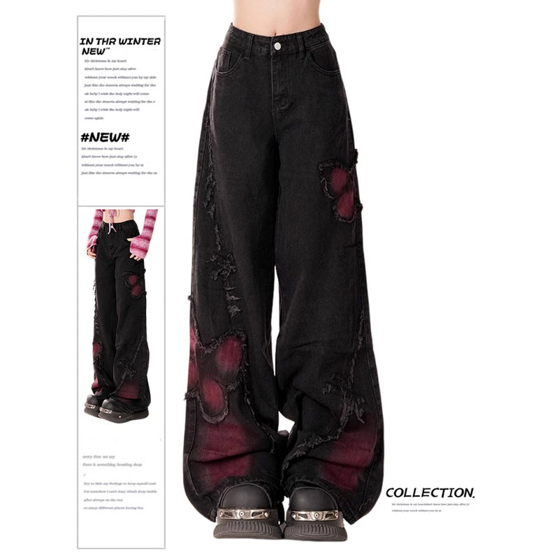 Washed Black Wide Leg Distressed Butterfly Denim Pants - Image 2