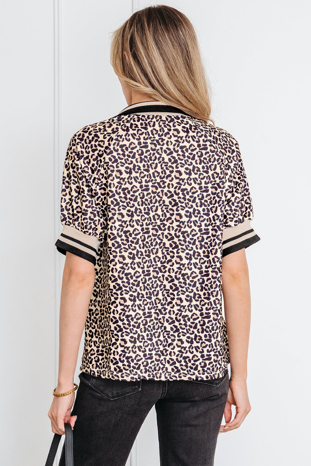 Khaki Leopard Print Half Zip Striped Trim Patchwork Short Sleeve Top