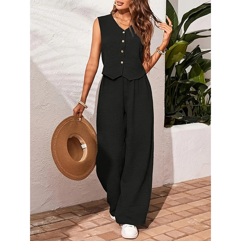 Women’s V-Neck Crop Vest and Wide-Leg Pants Matching Set