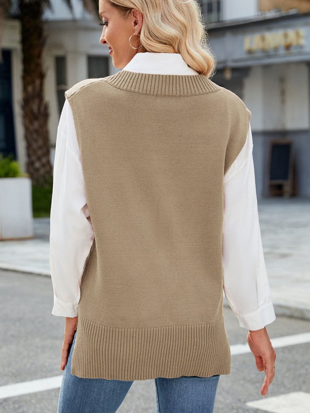 Brown V-Neck Sweater Vest with Side Slits - Image 23