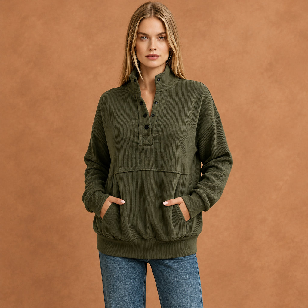 Women's Textured Button-Neck Sweatshirt with Front Pocket
