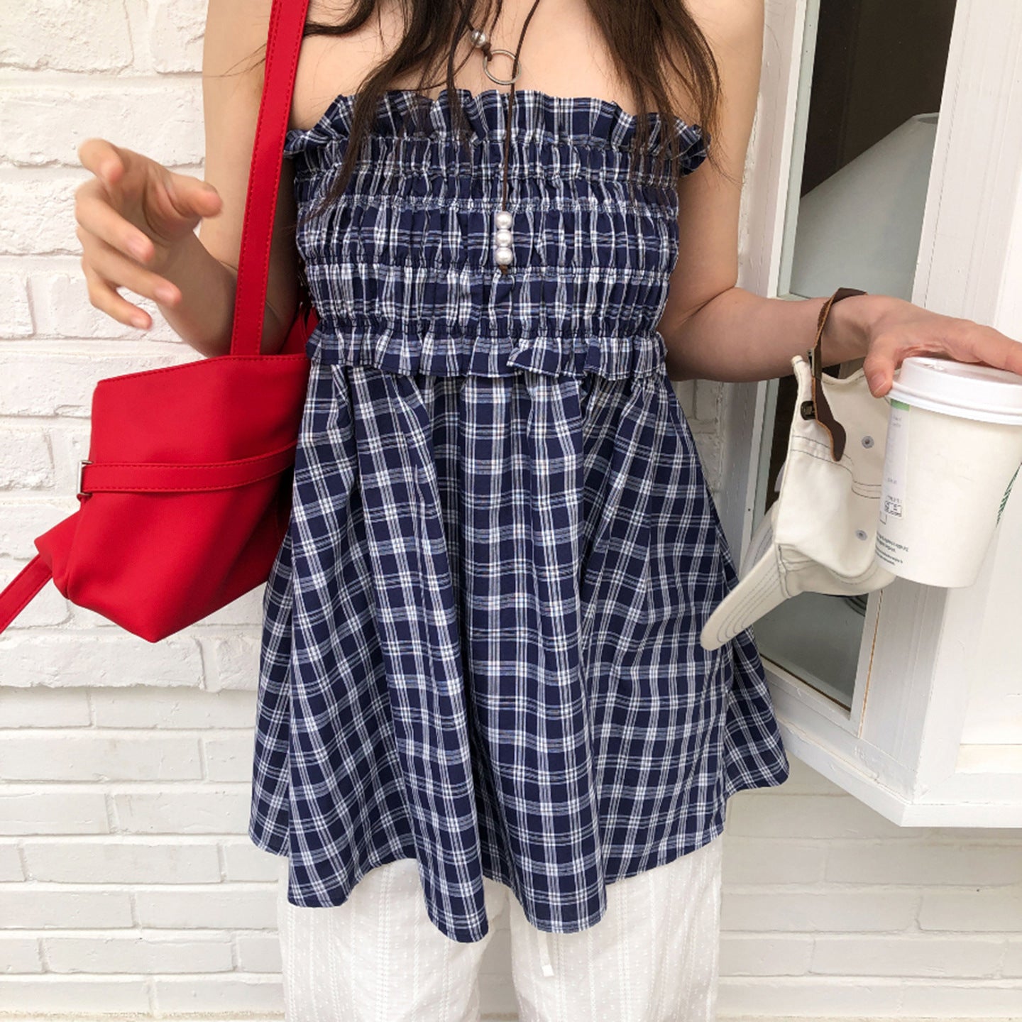 Women's Blue Plaid Smocked Waist Tiered Midi Skirt - Image 4